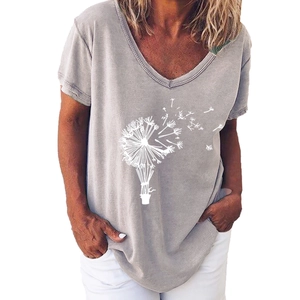 Close-up of dandelion and hot air balloon print on women's grey V-neck short sleeve T-shirt