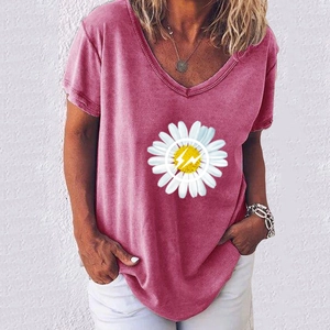 T-Shirt Décontracté pour Femmes en Mélange de Coton Col en V Manches Courtes Imprimé Marguerite Éclair Streetwear Ample