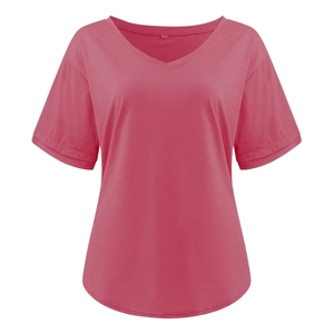 Detail of V-neckline and sleeve stitching on watermelon red cotton t-shirt
