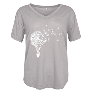 Detail of grey V-neck T-shirt showing dandelion print and size M label on white background