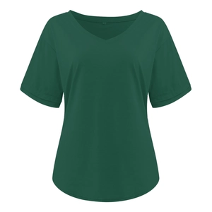 Close-up of deep green V-neck T-shirt showing fabric texture and M size label