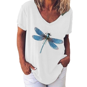 T-shirt femme blanc à col en V avec imprimé libellule bleue et coupe décontractée