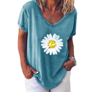 T-shirt bleu femme col en V avec imprimé marguerite et éclair en coupe décontractée