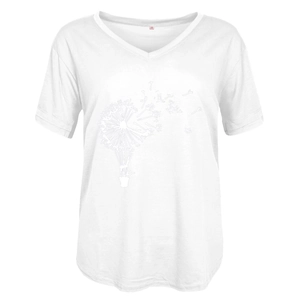 Close-up of white V-neck T-shirt showing dandelion print and size M red inner label