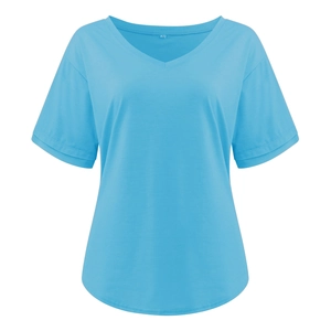 Detail of a bright blue V-neck T-shirt showing smooth fabric texture and precise stitching