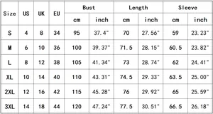 Tableau des tailles pour t-shirt manches longues femme avec mesures précises du S au 3XL
