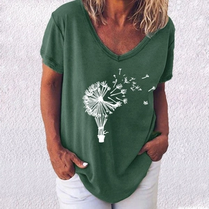 Detail of V-neckline and white dandelion hot air balloon print on dark green t-shirt