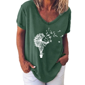 Detail of V-neckline and white dandelion hot air balloon print on dark green t-shirt