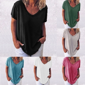 Women Casual Loose V-Neck Short Sleeve T-Shirt Solid Color Polyester Summer Top Basic Daily Streetwear Tee