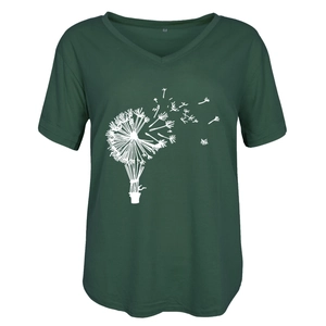 Close-up of the V-neckline and size M label on a dark green dandelion print T-shirt