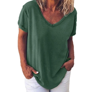 Relaxed fit dark green V-neck T-shirt for women in casual breathable cotton fabric