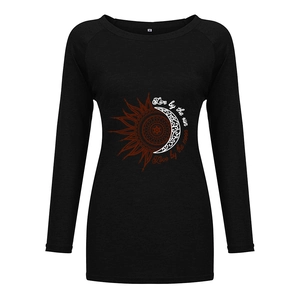 Detail view of sunflower lettering print on black long sleeve t-shirt neck label