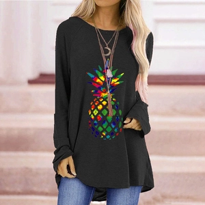 Women's black long sleeve T-shirt with a colorful geometric pineapple print design
