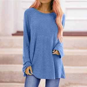 T-shirt décontracté pour femme à manches longues et col rond bleu clair, coupe ample