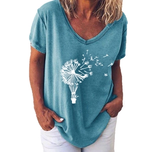Detail of blue V-neck T-shirt showing white dandelion and hot air balloon print on soft fabric