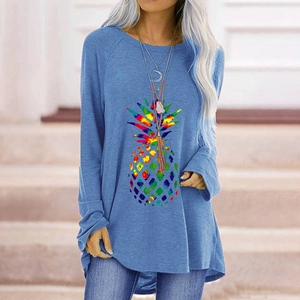 Women's Casual Loose Long Sleeve Round Neck T-Shirt Colorful Tie-Dye Pineapple Print Pullover Mid-Length Top Streetwear
