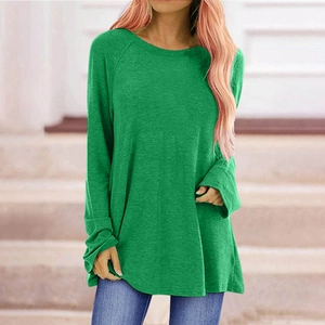 T-shirt femme manches longues vert vif avec col rond décontracté et manches raglan