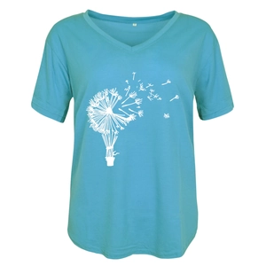 Detail of V-neckline and white dandelion print on sky blue short sleeve T-shirt