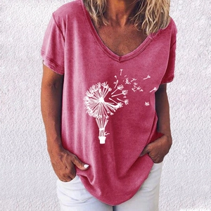 Women's V-neck T-shirt in dusty pink featuring dandelion and hot air balloon prints