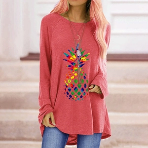 Women's long sleeve round neck T-shirt featuring a colorful artistic pineapple print