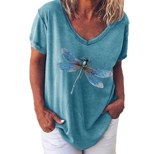 T-shirt femme col V avec imprimé libellé bleu vintage et coupe décontractée chic