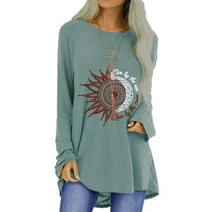 Women loose long sleeve t-shirt with sunflower print in sage green bohemian style