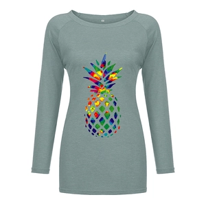 Women's long sleeve round neck T-shirt with a colorful pineapple graphic print in grey green