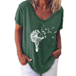Women's V-neck dark green T-shirt featuring a white dandelion and hot air balloon print