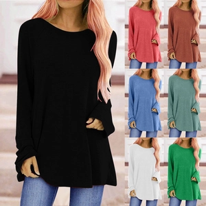 T-Shirt à Manches Longues à Col Rond de Couleur Unie Décontracté pour Femmes Coupe Ample Streetwear Mode Quotidienne Top d'Été