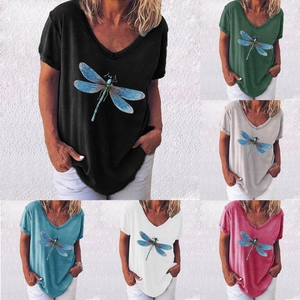 T-Shirt Décontracté Ample Col en V pour Femmes Imprimé Libellule Mélange de Coton Haut à Manches Courtes Streetwear Mode Été