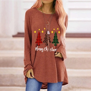 Women's long sleeve Christmas tree graphic tee in brick red with Merry Christmas print