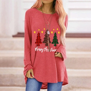 Women red long sleeve Christmas tree t-shirt with Merry Christmas print and relaxed fit