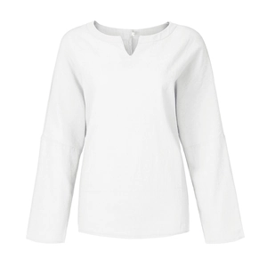 Detailed view of white cotton linen fabric texture and V-neckline of a loose female blouse
