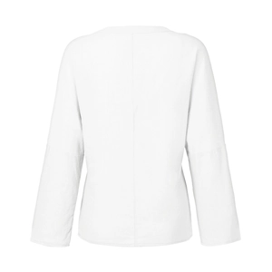 Close-up back view of white cotton linen long sleeve shirt showing fabric texture