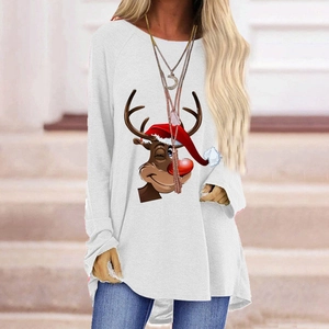 T-shirt da donna bianca a maniche lunghe con simpatica renna di Natale e vestibilità comoda