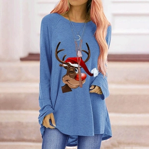 Felpa da donna celeste con simpatica stampa di renna e stile natalizio casual largo
