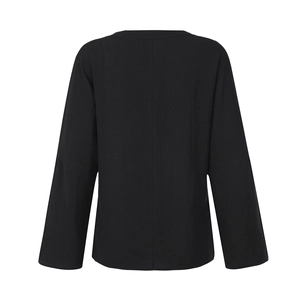 Detailed back view of a black linen-cotton v-neck blouse showing natural fabric texture