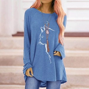 Women's loose raglan long sleeve t-shirt with a white cat print in medium blue