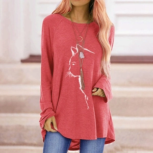 Detail of pink long sleeve shirt with white cat outline print and raglan sleeve design