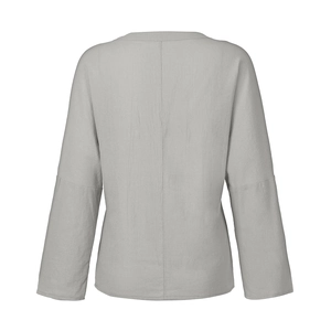 Back view of gray cotton linen shirt showing loose fit design and natural fabric texture