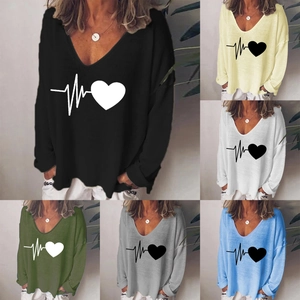 Women Casual V Neck Long Sleeve T-Shirt Heartbeat Love Heart Print Loose Cotton Blend Oversized Streetwear Basic Top