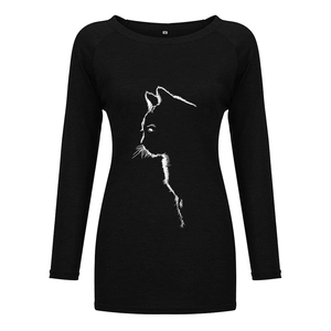 Detail of elegant black long sleeve T-shirt with minimalist white cat print and round neck