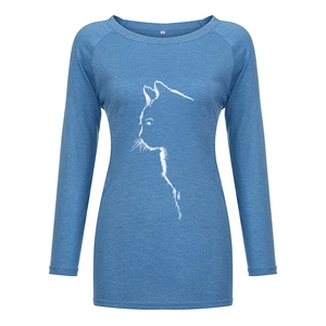 Detail of blue heather fabric with white cat outline print on long sleeve t-shirt