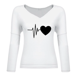 Detailed view of white V-neck long sleeve T-shirt featuring black heartbeat and heart print