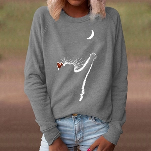 Women's grey crewneck sweatshirt with creative cat and moon print in casual style