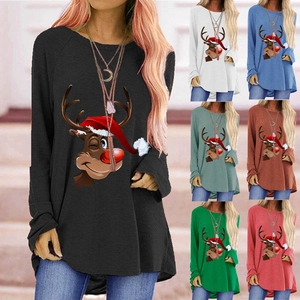 Maglietta da Donna con Stampa Renna di Natale Manica Lunga Casual Larga Girocollo Top Grafico Vacanza Simpatico Cervo Cartoon
