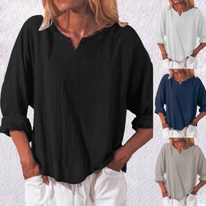 Women Casual V Neck Long Sleeve Linen Look Shirt Loose Fit Solid Color Cotton Blend Blouse Fashion Streetwear Top