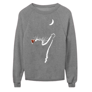 Detail of grey crewneck sweatshirt featuring a minimalist white cat and moon line art