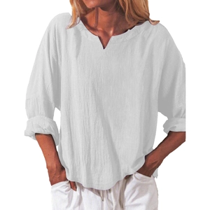 Minimalist white cotton linen long sleeve V-neck blouse with loose casual fit for women