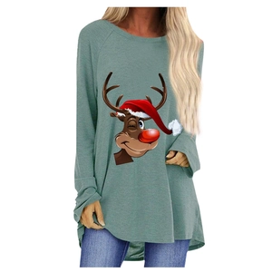 Maglia da donna a maniche lunghe con stampa renna di Natale e orlo curvo in grigio verde
